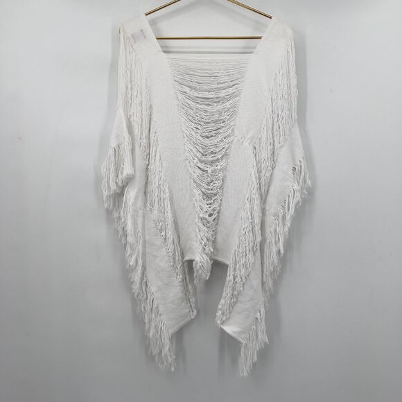 Maria Victoria by Lula Loom White Fringe Knit Poncho Ruana One Size 100% Cotton - Picture 4 of 9